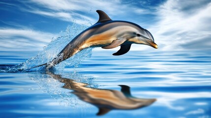 Fototapeta premium Dolphin Jumping Out of Water Under Bright Blue Sky