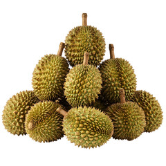Durian fruit arranged naturally with exposed flesh and spiky husk, isolated clearly on transparent...