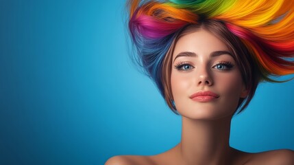 Fototapeta premium Woman with rainbow colored hair is smiling at the camera. The image has a bright and cheerful mood, with the colorful hair and the blue background