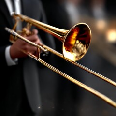 Obraz premium Golden Trombone Ready to Play: A Musician in Formal Attire Prepares to Fill the Air with Music and Elegance.