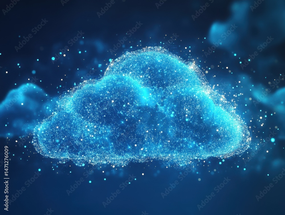 Poster digital cloud illustration shining with data points on dark blue background technology and innovatio