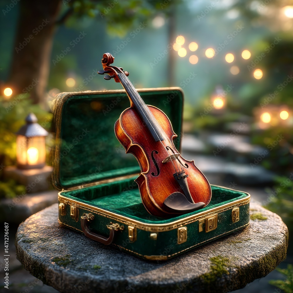 Poster melody's resting place: a violin nestled in a velvet-lined case, lit by glowing lanterns in a magica