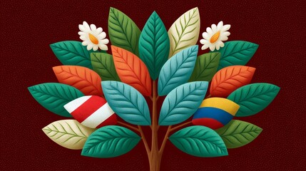 Fototapeta premium Artistic Illustration of a Colorful Chocolate Tree Adorned with Flags and Leaves on a Dark Background