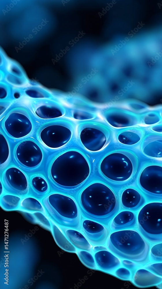 Aufkleber close-up view of glowing blue liquid structures resembling cells with intricate textures
