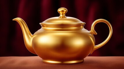 Elegant Golden Teapot with Intricate Patterns on a Wooden Surface Against a Burgundy Backdrop