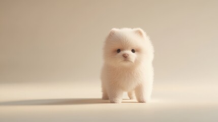 Fluffy white puppy standing on soft surface, small breed with playful expression, perfect for pet-related themes or social media.