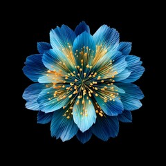 Obraz premium Striking Blue and Gold Flower on Black Background: A Detailed Floral Macro Shot Highlighting Intricate Petal Structure