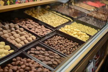 Assortment of Chocolates Beautifully Arranged in a Store Display for a Luxurious Sweet Indulgence