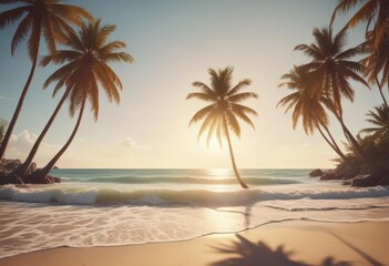 Obraz premium Sun-drenched beach, palm trees, vintage film grain, ocean waves, sky, peaceful, holiday