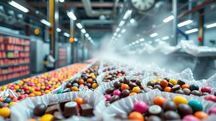 A modern candy factory showcases colorful chocolate candies moving along a production line in a large industrial setting.