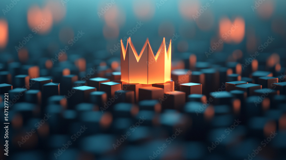 Poster workflow for results and achievements. crown glowing above a sea of abstract blocks.