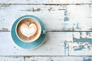 Cappuccino with Heart Latte Art on Rustic White Wooden Table for a Cozy and Charming Café Moment