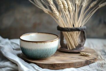 Ceramic Bowls on Wooden Board Near Wheat Sticks for a Rustic and Artisanal Culinary Display