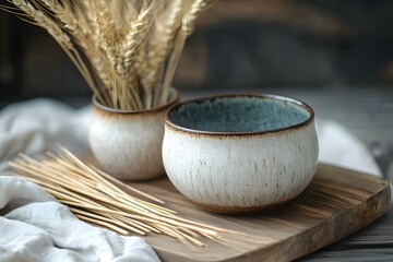 Ceramic Bowls on Wooden Board Near Wheat Sticks for a Rustic and Artisanal Culinary Display