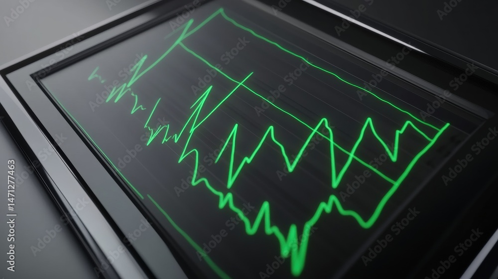 Poster green line graph on digital screen with frame and black background