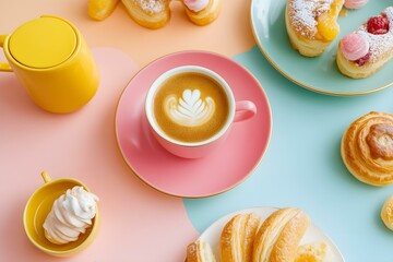 Colorful Breakfast Spread with Pastries, Tea, and Latte for a Vibrant Morning Indulgence
