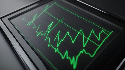 Green Line Graph on Digital Screen with Frame and Black Background