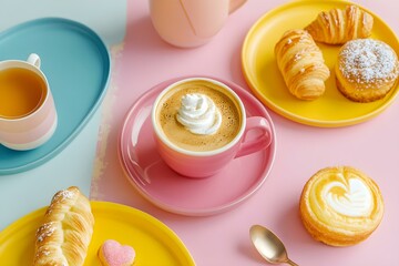 Colorful Breakfast Spread with Pastries, Tea, and Latte for a Vibrant Morning Indulgence