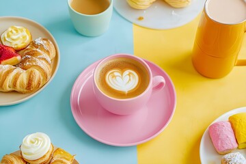 Colorful Breakfast Spread with Pastries, Tea, and Latte for a Vibrant Morning Indulgence