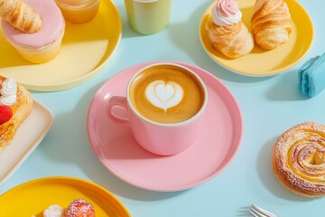 Colorful Breakfast Spread with Pastries, Tea, and Latte for a Vibrant Morning Indulgence