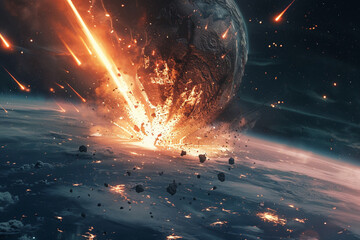 Giant meteorite impacts on earth, asteroid in collision with earth