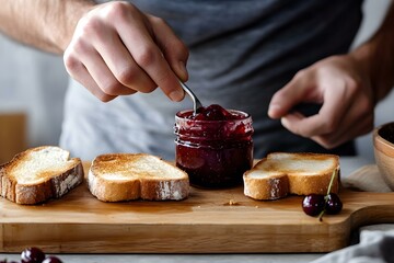Crop Man Preparing Toasts with Cherry Jam for a Rustic Breakfast Delight in a Cozy Setting