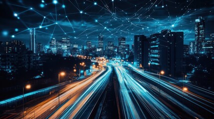 Night cityscape with network connections and blurred motion.