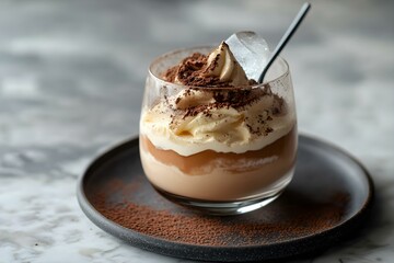Glass Cup with Coffee Cream Dessert and Chocolate Garnish for a Luxurious Indulgence