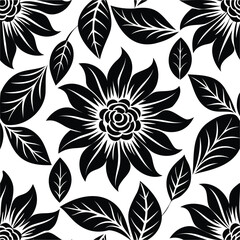 Black and White Floral Pattern with Leaf Elements