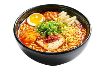 Delicious Korean ramen with boiled eggs, grilled pork, green onions, and seaweed in black bowl isolated on white transparent background, concept of cuisine