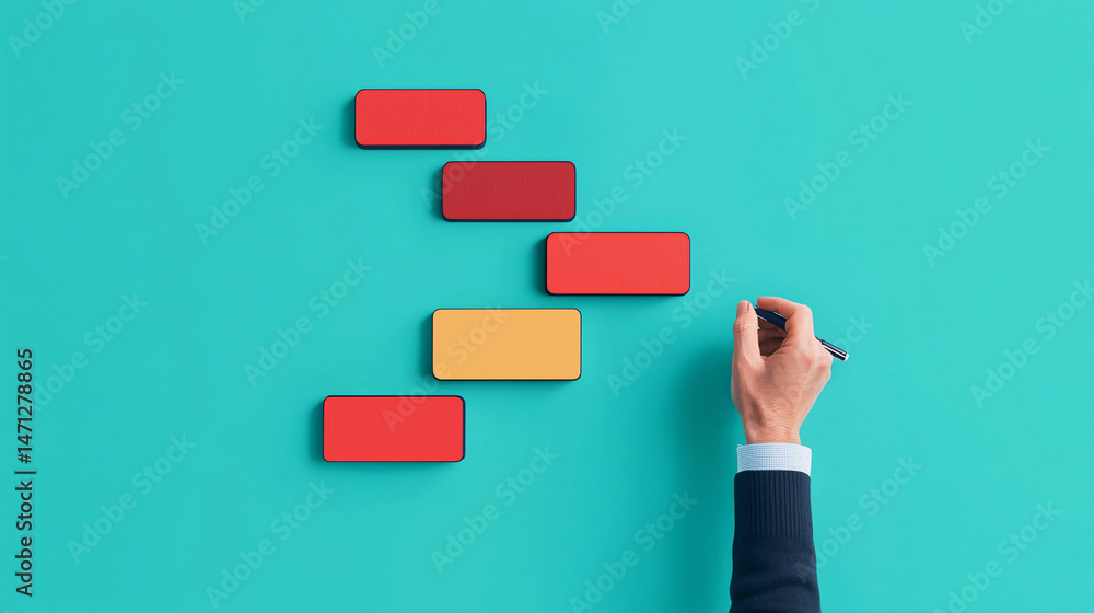 Poster workflow for results and achievements. creative hand arranging colored blocks on a teal background.