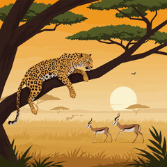 Leopard Resting on Tree Branch Watching Gazelles in Savannah