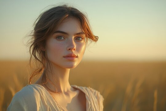 A young woman with freckles and light brown hair stands in a golden wheat field at sunset.
