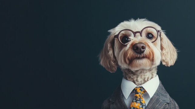 Dapper dog in suit, fluffy canine dressed in formal attire, perfect for playful business themes and lighthearted content.