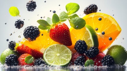 Colorful fruit salad with strawberries, oranges, blackberries, and limes. Concept of freshness and abundance, as the fruits are piled high and overflowing with vibrant colors