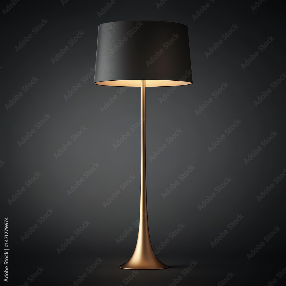 Poster elegant floor lamp with black shade and golden base in a studio setting against dark gray backdrop