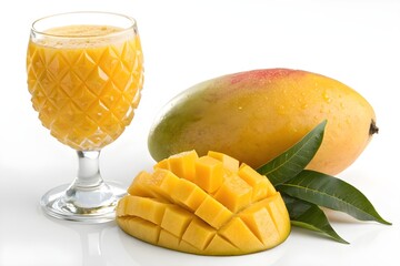 Goodness of mango, with a whole fruit, a sliced portion revealing its juicy interior, and a refreshing glass of mango juice.