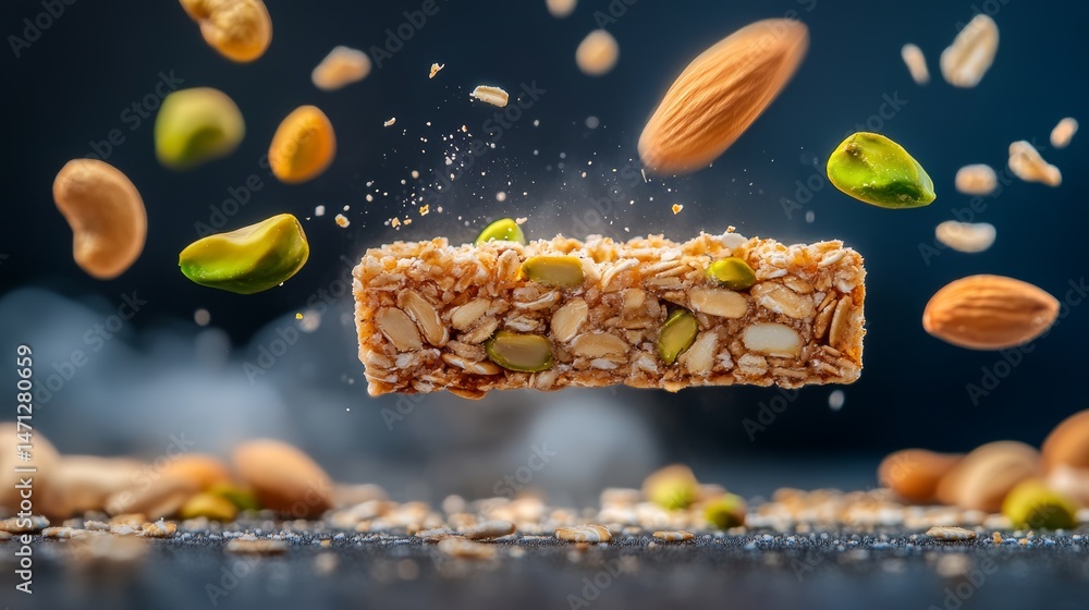 Poster close up of a nut bar with almonds and walnuts. the nuts are scattered around the bar and some are f