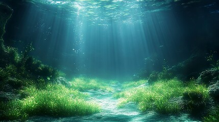 Obraz premium Ocean floor with green seagrass, corals, and dramatic light rays from surface 