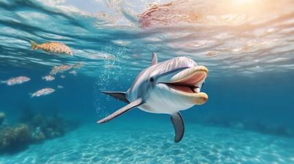 Dolphin is swimming in the ocean with a fish in its mouth. The fish is a small one