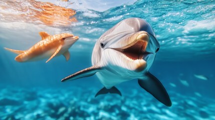 Dolphin is swimming in the ocean with its mouth open. The scene is peaceful and serene, with the dolphin looking happy and content