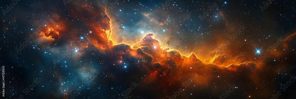 Wall mural cinematic view of deep space clouds with sparkling clusters and colorful ionized gases.