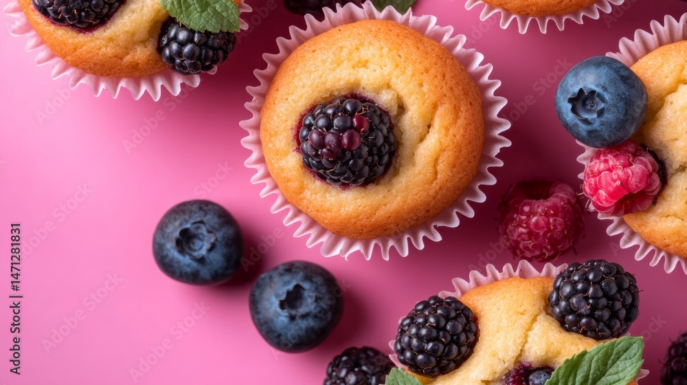 Poster close up of a plate of cupcakes with blueberries and raspberries on top. the cupcakes are arranged i