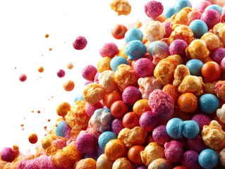 Colorful candy puffs falling studio food photography bright close-up. Isolated on transparent background, png.