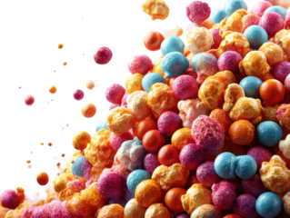 Colorful candy puffs falling studio food photography bright close-up. Isolated on transparent background, png.
