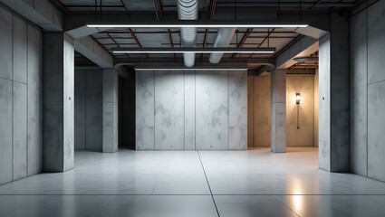 Industrial Office Hallway with Exposed Pipes, Concrete Walls, and Modern Lighting