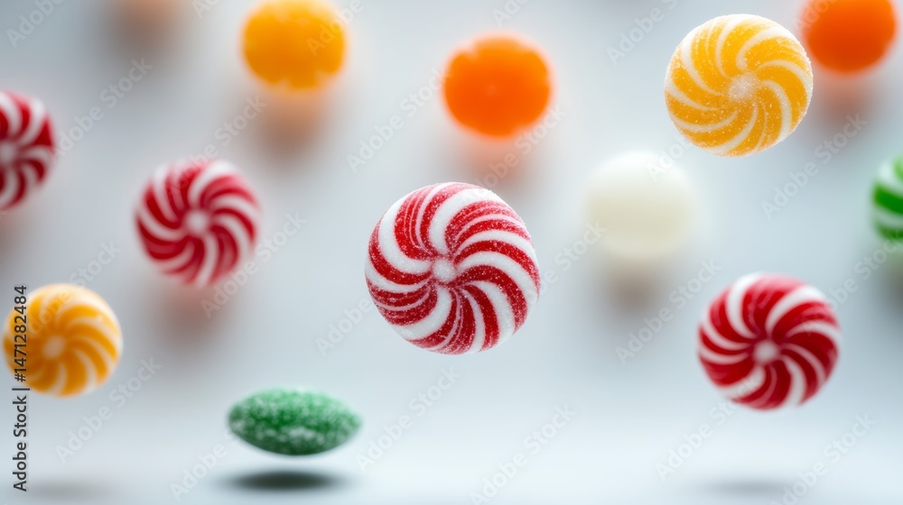Poster bunch of colorful candy with a red and white swirl. the candy is in the air and he is floating