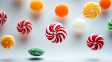 Bunch of colorful candy with a red and white swirl. The candy is in the air and he is floating