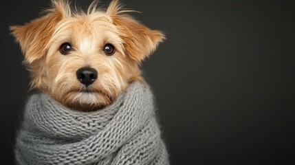 Adorable small dog wrapped in cozy sweater, light-colored fur with curious expression, perfect for pet-themed content.