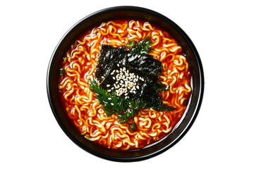 Hot spicy Korean red miso ramen with seaweed, scallions, and sesame seeds in black bowl, top view, isolated on white background. Concept of Asian fast food meal